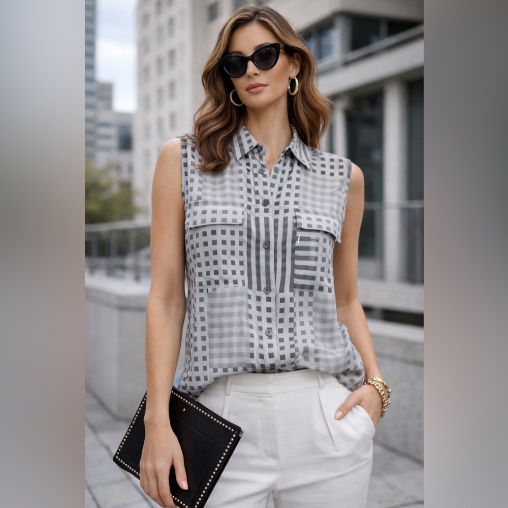 Equipment Femme Grey Silk Checked Collared Sleeveless Blouse – Size XS